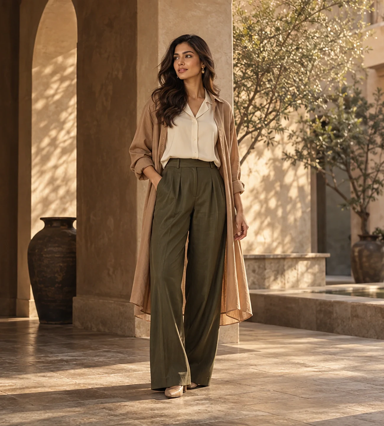 Woman walking through a sunlit courtyard in Casualified olive wide-leg trousers, an ivory shirt and a tan layer